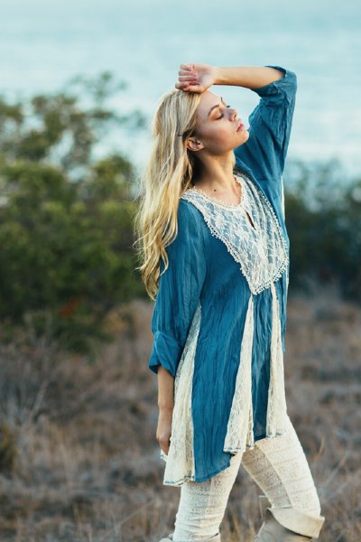 Woman's Dusty Blue Lace Tunic<BR>Now in Stock