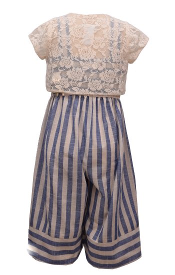 Girls Striped Denim Blue Jumpsuit with Lace Cardigan<br>4 to 6X<br>Now in Stock