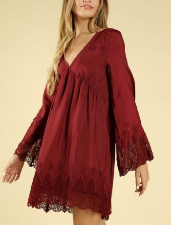 Women's Long Sleeve V-Neck Dress with Lace<BR>Small ONLY