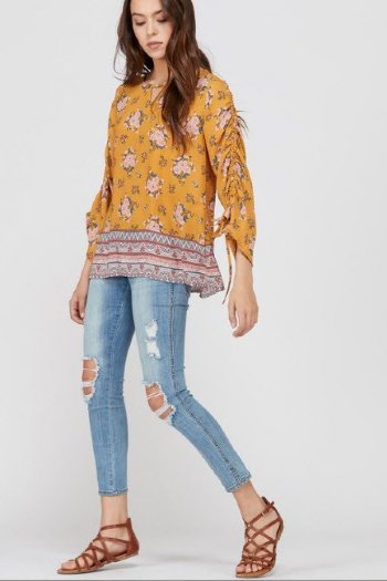 Women's Mustard Floral Gathered Sleeve Top<BR>Now in Stock