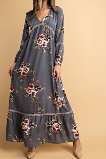 Women's Gray Cottage Rose Maxi Dress<BR>Now in Stock