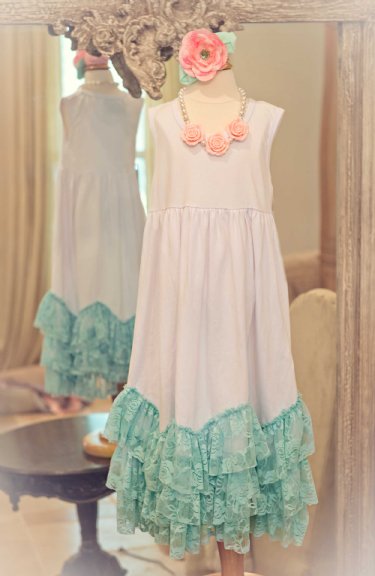 Girls White/Aqua Knit & Lace Maxi Dress<BR>2T, 3T & 4T ONLY