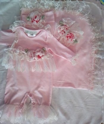 Pink Lacey Romper w/ Headband<BR>3 & 12 Months ONLY