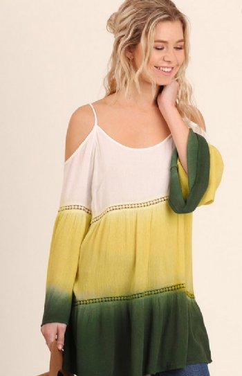 Womens Cold Shoulder Cold Shoulder Layered Ombre Tunic Top with Bell Sleeves<BR>Now in Stock