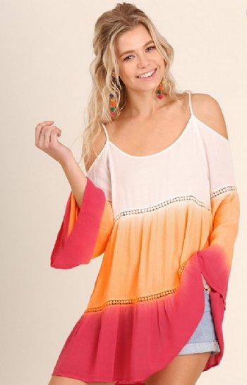  Womens Cold Shoulder Cold Shoulder Layered Ombre Tunic Top with Bell Sleeves<BR>Now in Stock