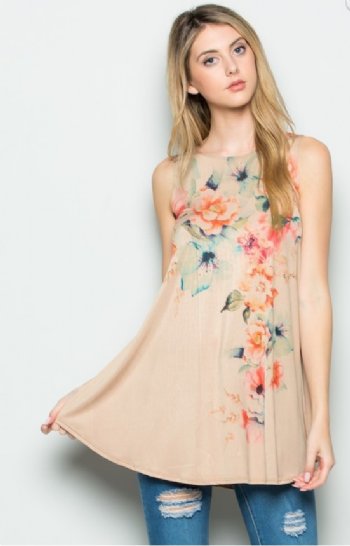 Women's Taupe Sleeveless Floral Tunic<BR>Now in Stock