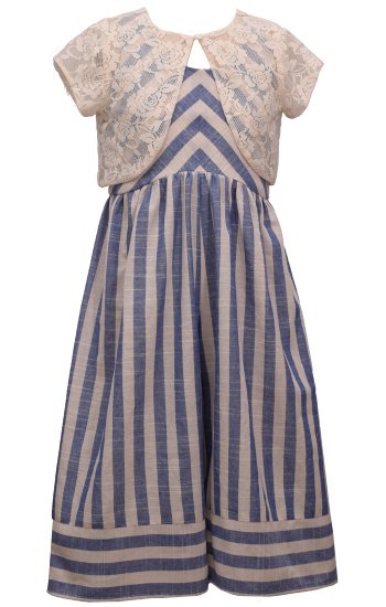 Girls Striped Denim Blue Jumpsuit with Lace Cardigan<br>4 to 6X<br>Now in Stock