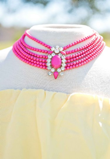 Bright Pink Pearls with Crystal Brooch Center 