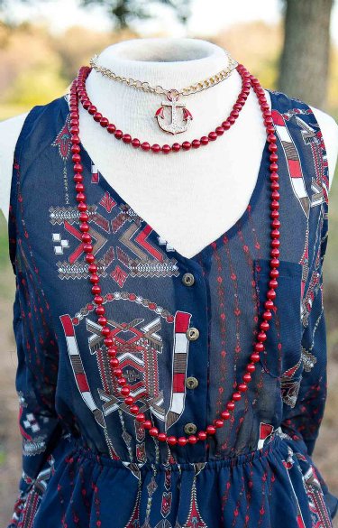 Crystal Anchor and Red Pearls Necklace Set