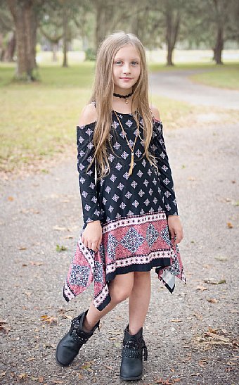 Tween Boho Beauty Cold Shoulder Dress w/ Necklace<BR>Now in Stock