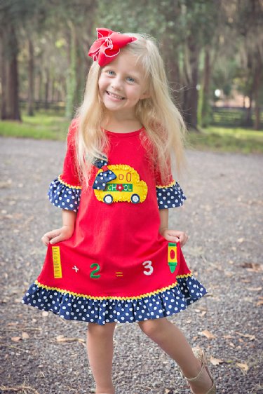 Girls Back to School Dress Yellow Bus<br>2T to 6X<BR>Now in Stock