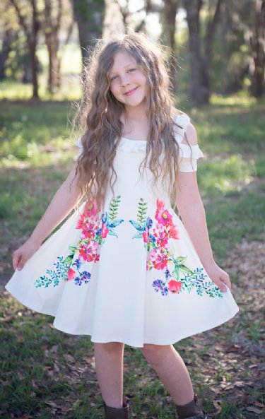 Spring 2018 Floral Rhinestone Off Shoulder Dress<BR>4 & 5 Years ONLY