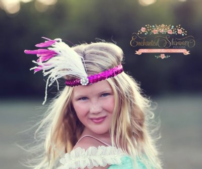 Enchanted Princess Raspberry Sequin Feather Headband<BR>Now in Stock