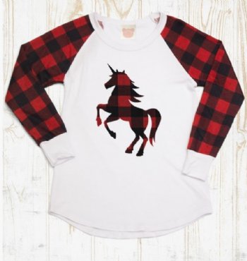 Girls Unicorn in Plaid Long Sleeve Baseball Top<BR>Now in Stock