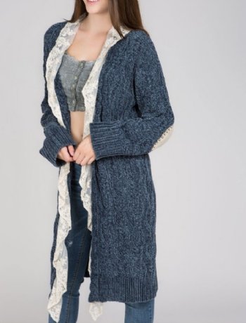 Women's Chenille Patches and Lace Cardigan<BR>Now in Stock