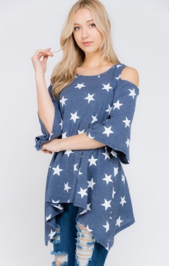 Women's Cold Shoulder Star Print Tunic<BR>Now in Stock