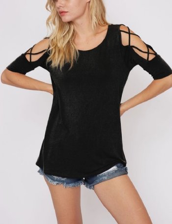 Women's Black Strappy Sleeve Top<BR>Now in Stock