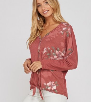 Women's Front Tie Floral Mix Button Down Top<BR>Now in Stock