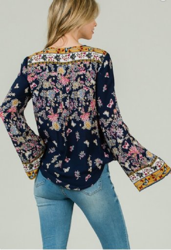 Women's Navy Boho Floral Print Top with Front Tie<BR>Now in Stock