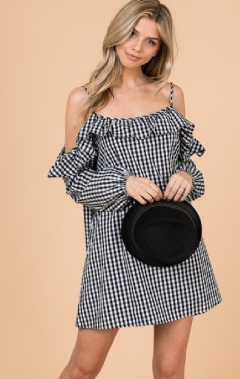 Womens Cold Shoulder Gingham and Ruffles Dress<BR>Now in Stock