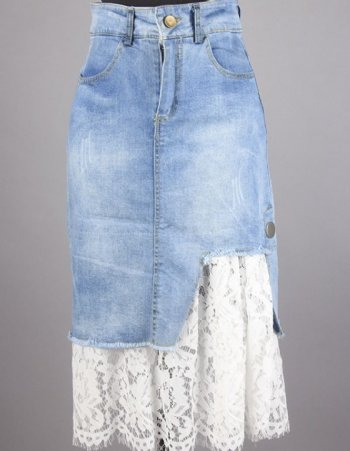 Women's Shabby Chic Lace Layered Denim Skirt<BR>Now in Stock