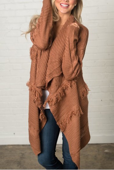 Women's Cozy Fringed Sweater Cardigan In Rust <br>Now In Stock