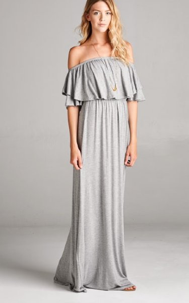 Women's Heather Grey Off the Shoulder Maxi<BR>Now in Stock