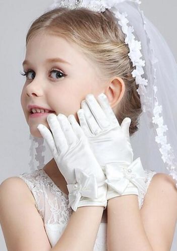 Girls White Satin Bow Gloves Preorder