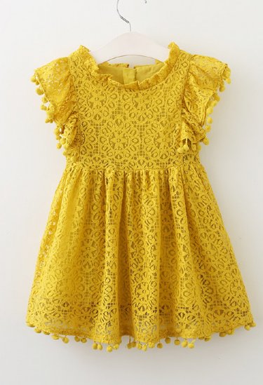Girls Mustard Lace Pom Pom Dress Preorder<br>2 to 8 Years
