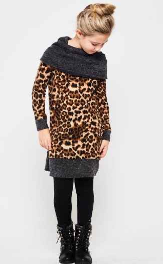 Girls Leopard and Charcoal Cowl Neck Tunic<br>5 to 14 Years<br>Now in Stock