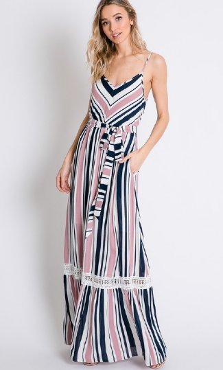 Women's Stripe Maxi with Lace Detail<BR>Now in Stock