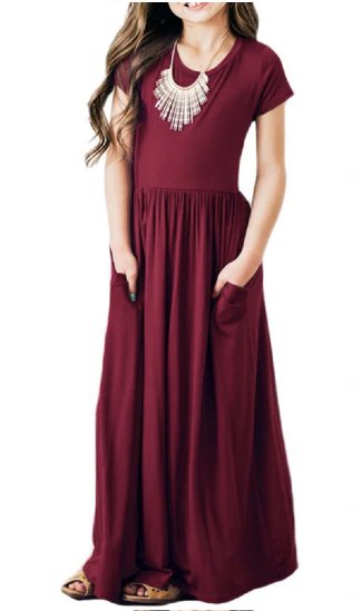 Girls Burgundy Pocket Maxi Dress Preorder<br>2 to 10 Years