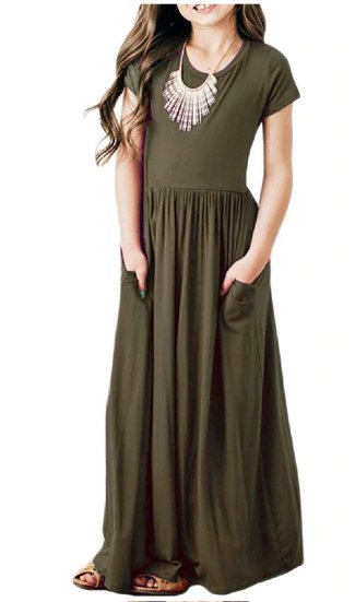Girls Olive Pocket Maxi Dress Preorder<br>2 to 10 Years