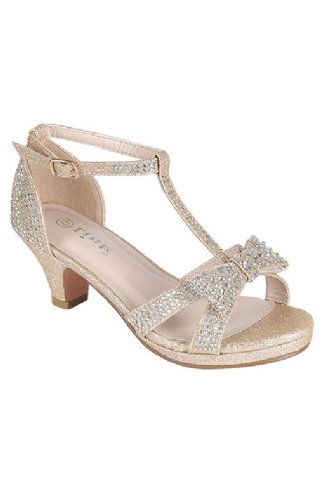 Girls Gold Crystal Bow Heel Dress Shoe Preorder