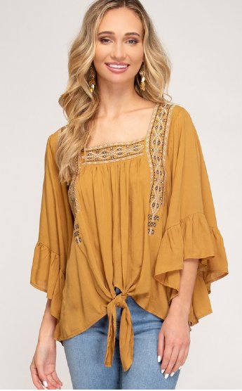 Women's Mustard Boho Embroidered Flounce Top<br>Medium ONLY
