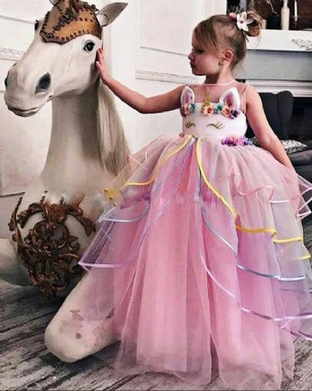Girls Pink Unicorn Birthday Gown Preorder<br>4 to 14 Years