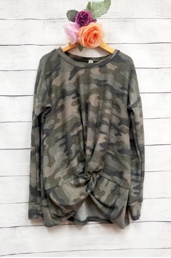 Girls Camo French Terry Knot Top In Stock<br>5 to 10 Years ONLY