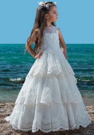 Girls Couture White Lace Tiered Special Occasion Gown<br>2 to 14 Years