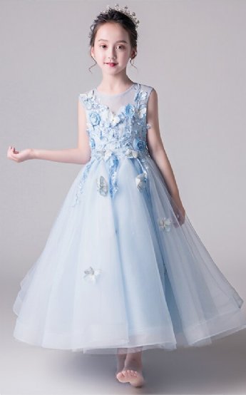 Girls Blue Butterfly Long Gown Preorder<br>12 Months to 14 Years<br>Size 10 in Stock
