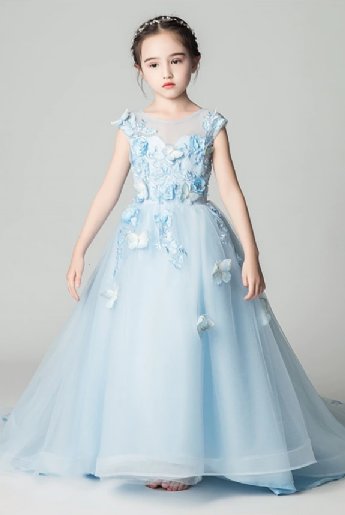 Girls Blue Butterfly Long Trailing Gown Preorder<br>2 to 14 years