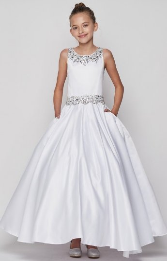 Girls White Crystal Beaded Pocket Gown Preorder<br>4 to 16 Years