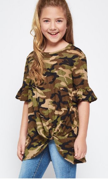 Tween Camo Waffle Knit Knot Top In Stock