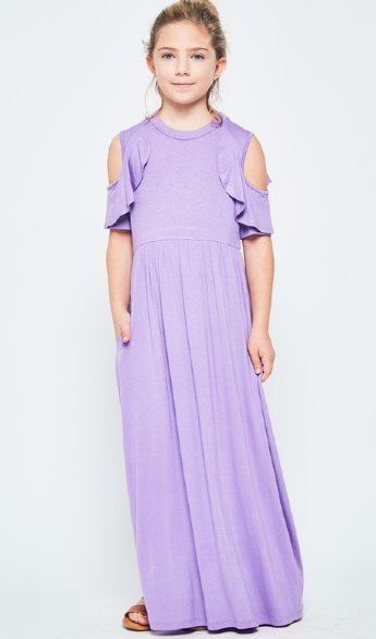 Tween Lavender Ruffled Cold Shoulder Pocket Maxi Dress<br>Now in Stock 