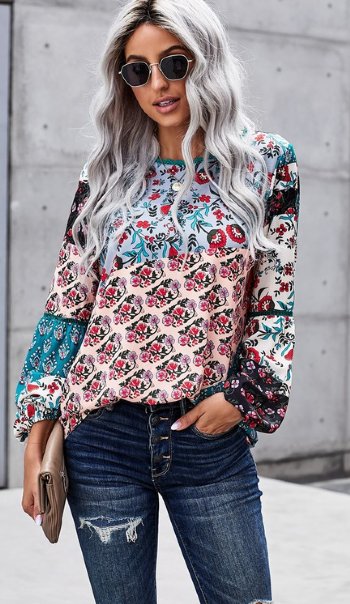 Women's Bohemian Floral Print Patchwork Top Now In Stock