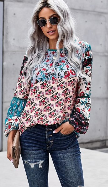 Women's Bohemian Floral Print Patchwork Top<br>Now In Stock