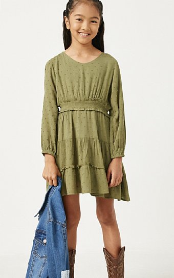 Tween Olive Swiss Dot Smocked Waist Flounce Dress <br>Now In Stock<br>7 to 14 Years