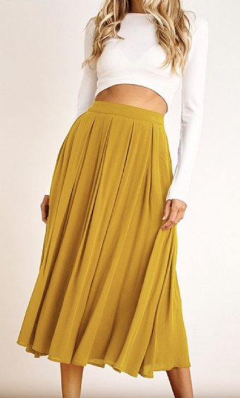 Women's Pleated Mustard Midi Skirt Preorder