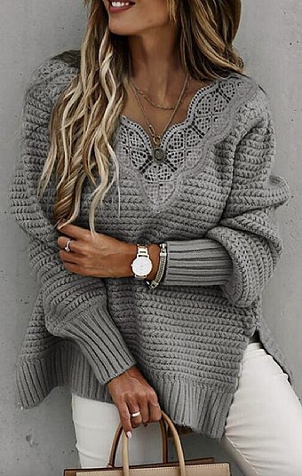 Women's Chunky Lace V Neck Sweater Preorder