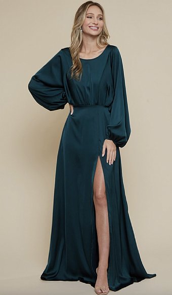 Women's Emerald Satin Puff Sleeve Maxi Dress