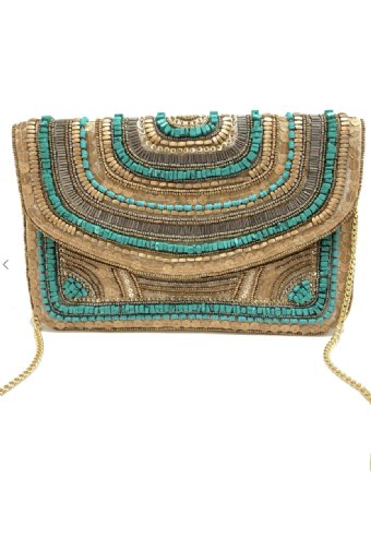 Hand Beaded Gold & Turquoise Clutch